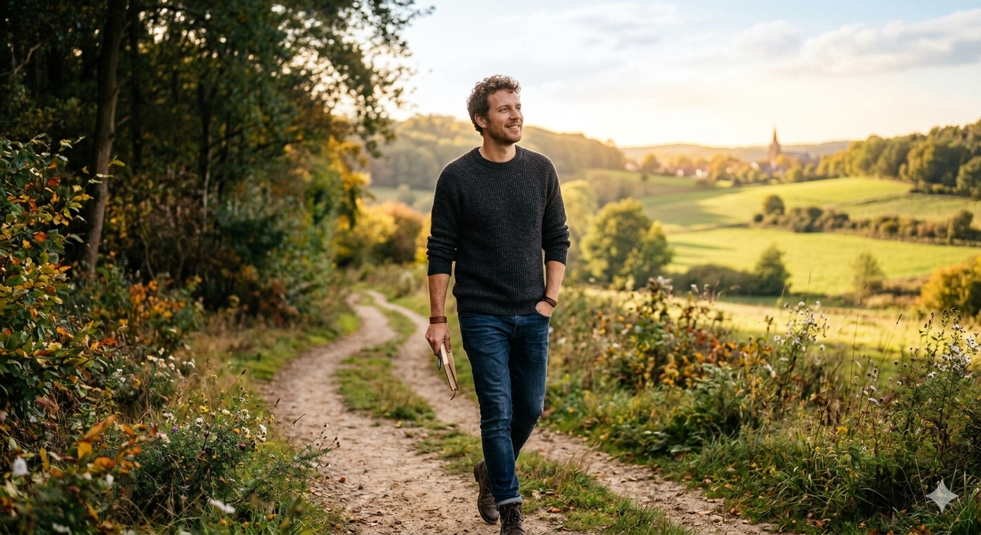 Glimlachende man wandelt over een zandpad in een heuvelachtig landscha, met een notitieboekje in de hand en kijkend naar het landschap.