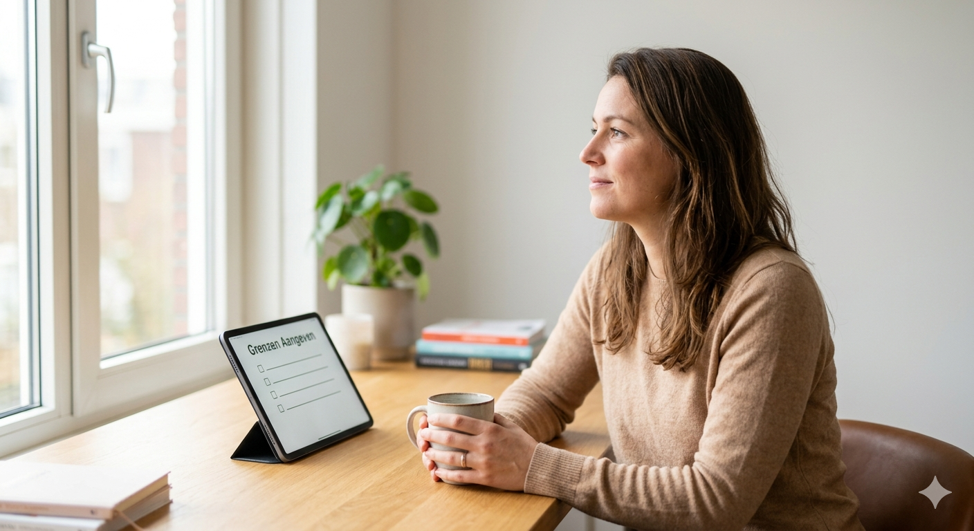 Vrouw aan bureau met koffie en tablet met tekst 'Grenzen Aangeven', kijkend uit het raam.