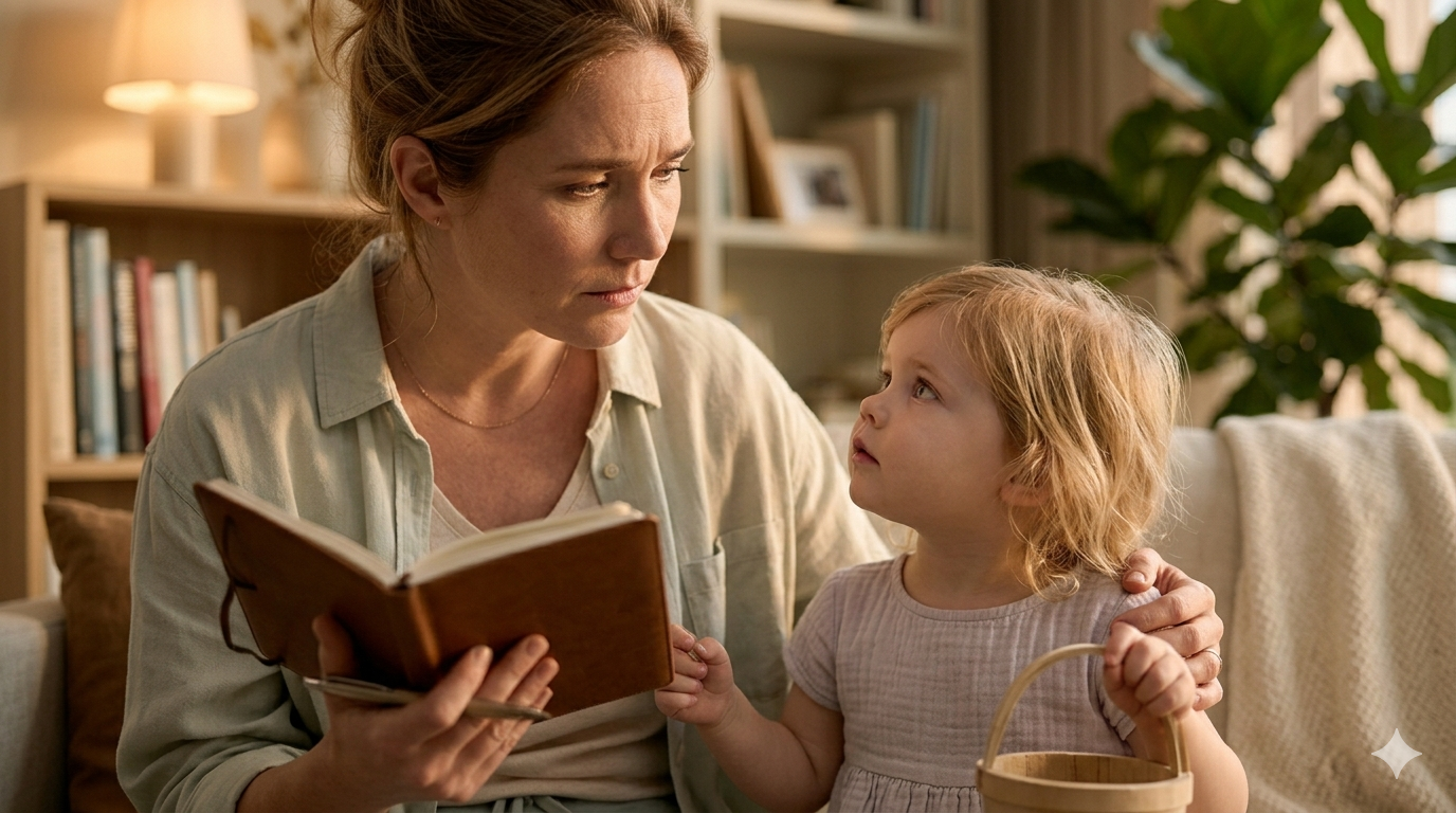 Jonge moeder met bezorgde blik leest vragend kijkend dochterje voor.