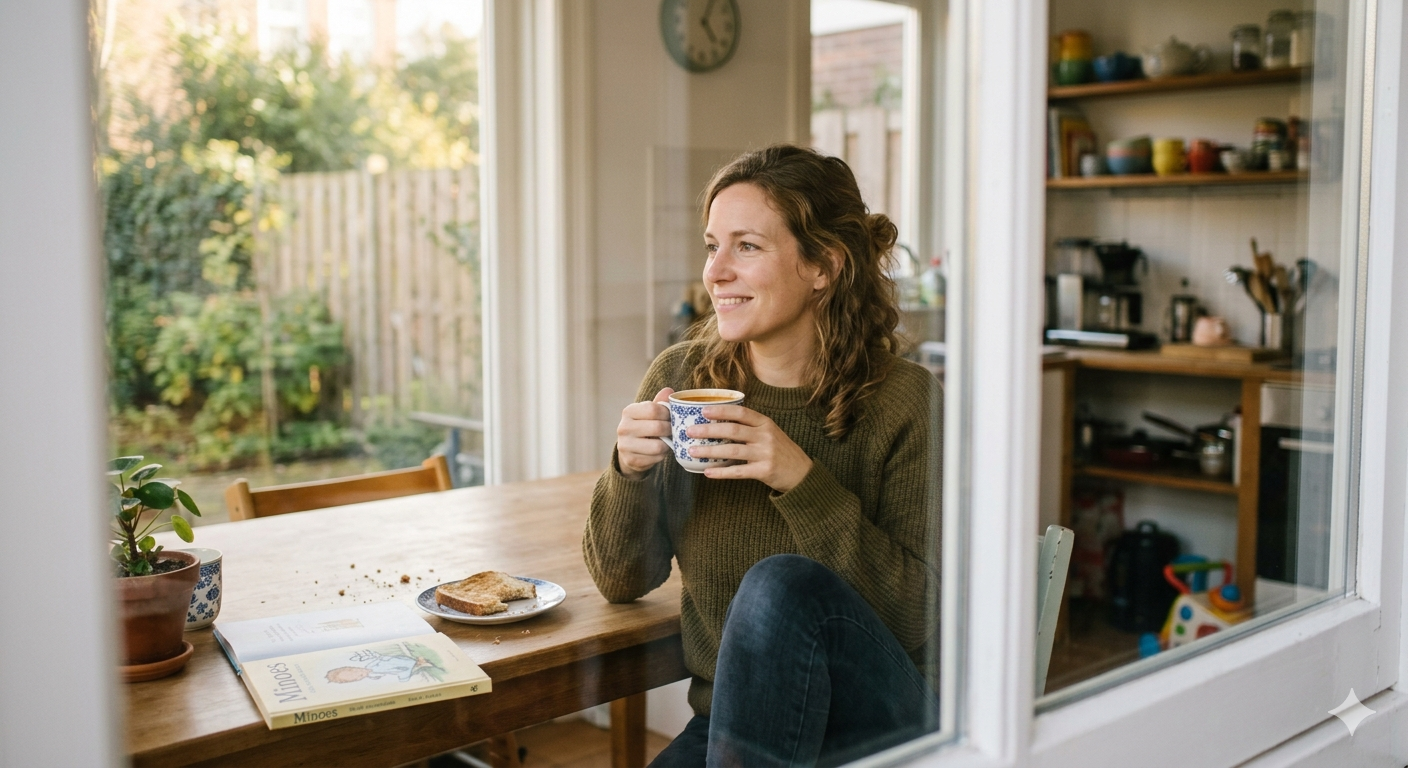Nadenkende millennial vrouw die glimlacht aan een keukentafel met een kop thee.