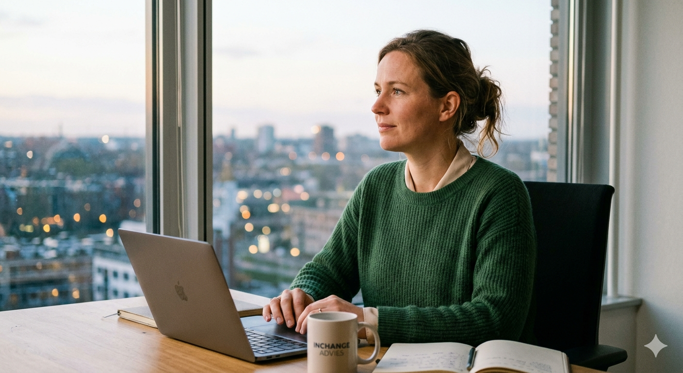Vrouw achter laptop kijkt uit raam