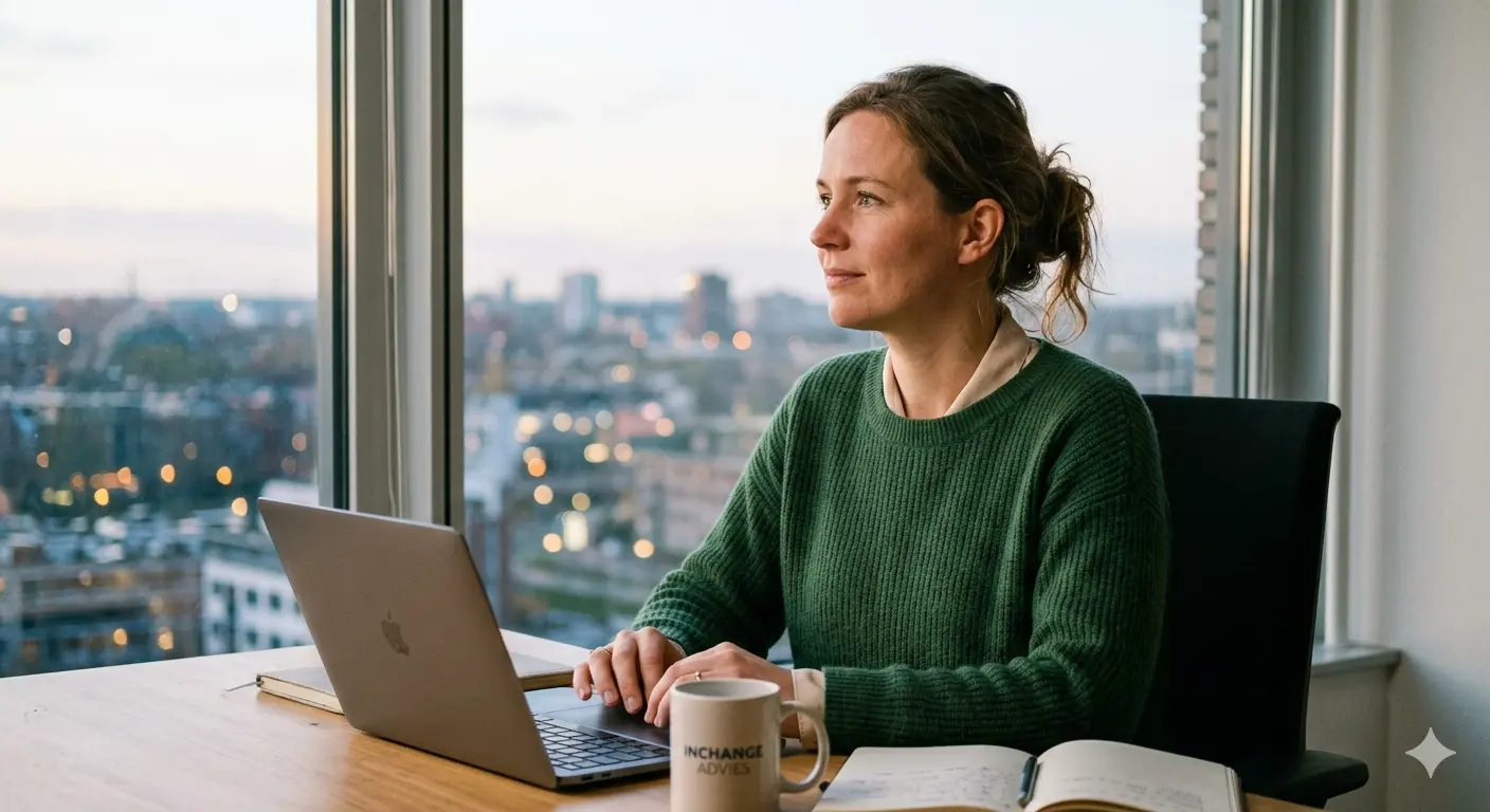 Vrouw kijkt rustig uit het raam bij haar bureau; symbool voor werkplezier bij InChange Advies.